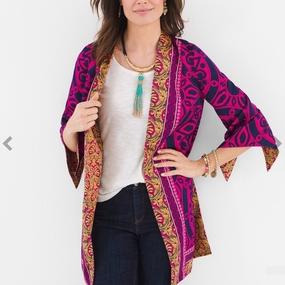 Chico’s women’s Reversible Kimono art to wear artsy pink/ mustard - Picture 5 of 14